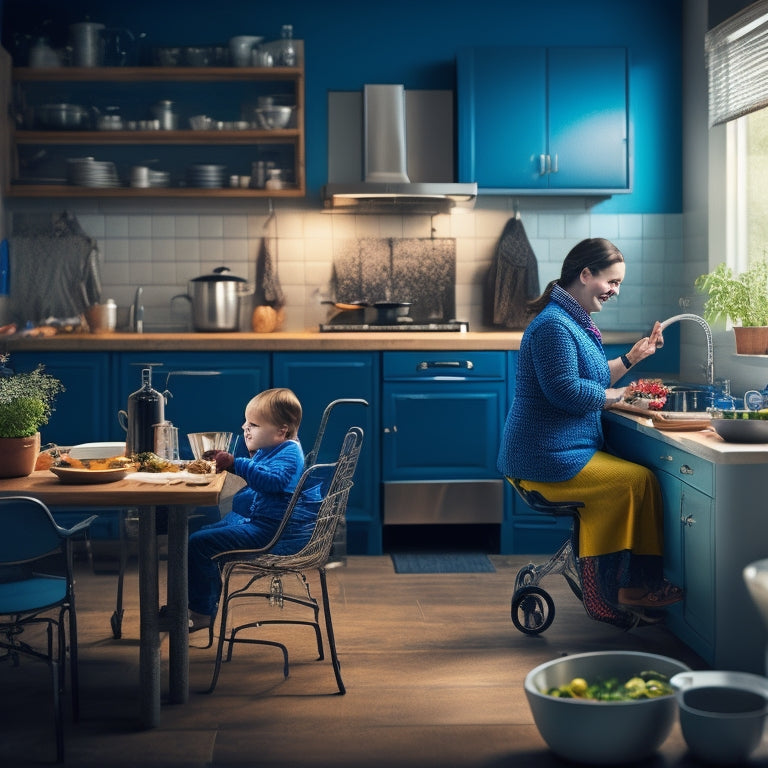 An illustration of a wheelchair-accessible kitchen with a child with Down syndrome happily cooking alongside a caregiver, surrounded by adaptive utensils and lower countertops.