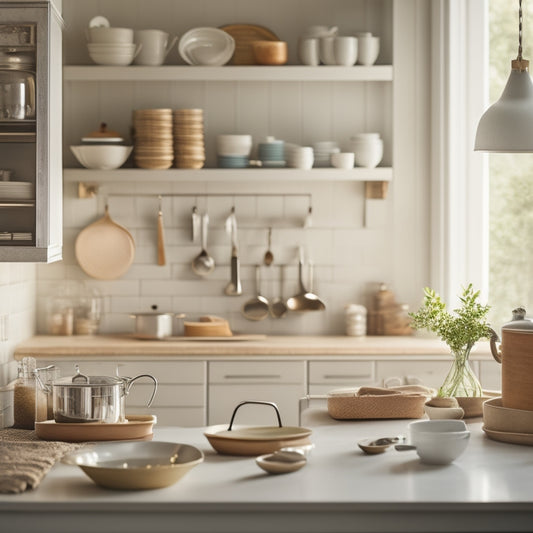 A serene kitchen interior with a single, elegantly organized drawer open, revealing neatly arranged utensils, cookware, and gadgets, set against a soft, creamy background with warm, natural lighting.