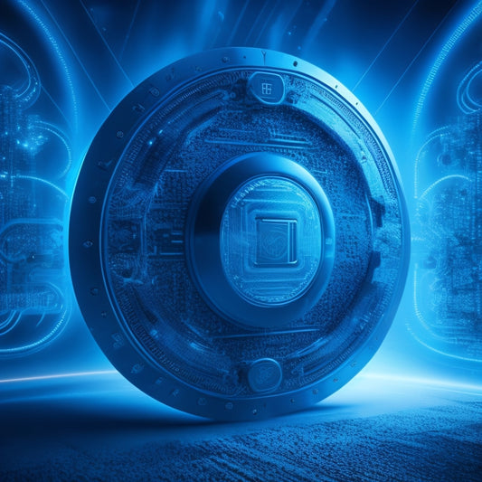 A futuristic, high-tech background with intricate circuitry patterns, featuring a large, glowing blue shield in the center, surrounded by swirling clouds of 1s and 0s, with a subtle grid of locked pads and keys.