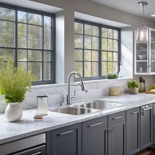 A modern kitchen with sleek cabinets, stainless steel appliances, and a large granite composite sink under a window with natural light pouring in, surrounded by polished chrome faucets and soap dispensers.