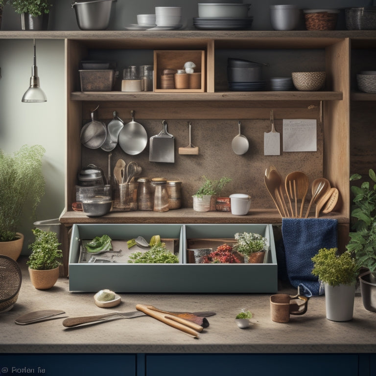 A cluttered kitchen drawer overflowing with tangled utensils, crumpled papers, and miscellaneous items, next to a neat and organized drawer with custom dividers, holding a few perfectly placed kitchen tools and a small potted herb.