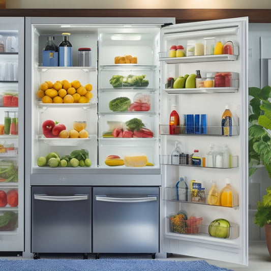 A spotless, modern refrigerator with open doors, revealing neatly organized shelves, crisper drawers, and a gleaming interior, surrounded by cleaning supplies and a few fresh fruits and vegetables.