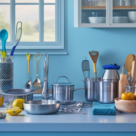 A clutter-free kitchen countertop with a few neatly organized digital kitchen utensil storage containers in the background, featuring a mix of utensils, gadgets, and cookware in a modern kitchen setting.