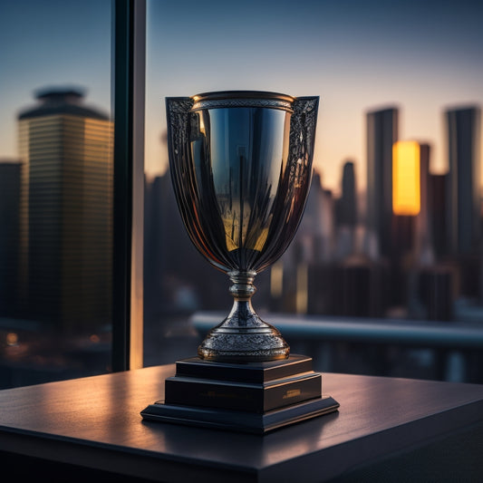 A polished, silver trophy with a sleek, modern design sits atop a dark wood pedestal, surrounded by subtle, golden accents and a blurred background of city skyscrapers at dusk.