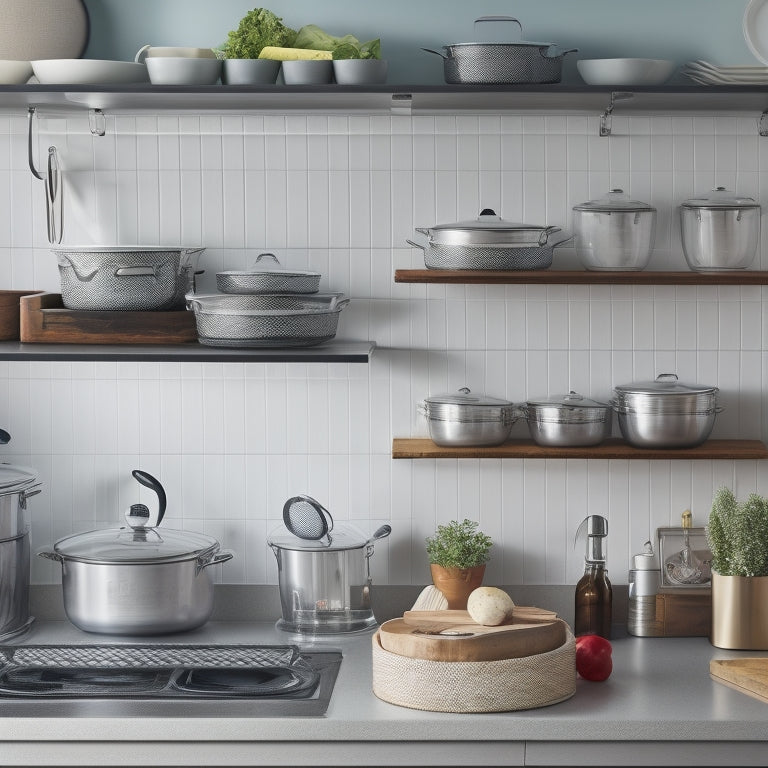 A tidy kitchen with a wall-mounted lid rack holding various pot lids in a staggered arrangement, with a few cookbooks and a utensil holder on the adjacent counter.