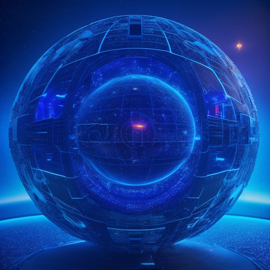 A futuristic, spherical hub with glowing blue circuits and neon lines, surrounded by orbiting gears, robots, and 3D models, set against a dark, starry night sky with a subtle grid pattern.