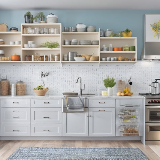 A bright, modern kitchen with sleek white cabinets, stainless steel appliances, and a large island in the center, featuring a pegboard with hanging utensils, baskets, and a built-in spice rack.