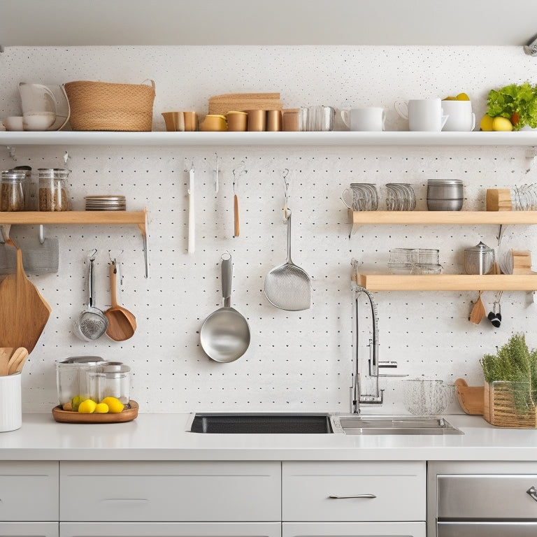 A bright, modern kitchen with sleek white cabinets, warm wood countertops, and a stainless steel backsplash, featuring a pegboard with hanging utensils, a utensil organizer, and a tidy spice rack.