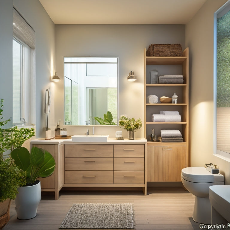 A serene, modern bathroom with a floating vanity, illuminated by a skylight, featuring a combination of open shelving, woven baskets, and a wall-mounted cabinet with frosted glass doors.