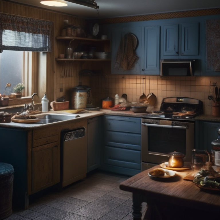 A dimly lit, cluttered kitchen with outdated appliances, peeling wallpaper, and a worn linoleum floor, with a faint lightbulb moment above the sink, symbolizing untapped potential.