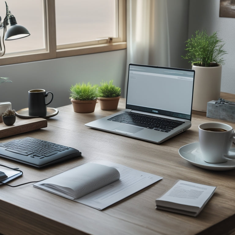 A minimalist desk with a laptop, a cup of coffee, and a few neatly organized folders and papers, surrounded by a subtle background of business charts and graphs.