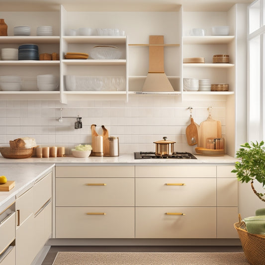 A tidy, modern kitchen with sleek white cabinets, featuring a partially open drawer revealing a perfectly organized interior with dividers, inserts, and neatly stacked cookware and utensils in a warm, golden light.