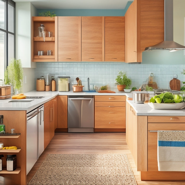 A bright, modern kitchen with sleek countertops, featuring a wooden utensil organizer, a stainless steel spice rack, and a compact trash can with a slide-out recycling bin.