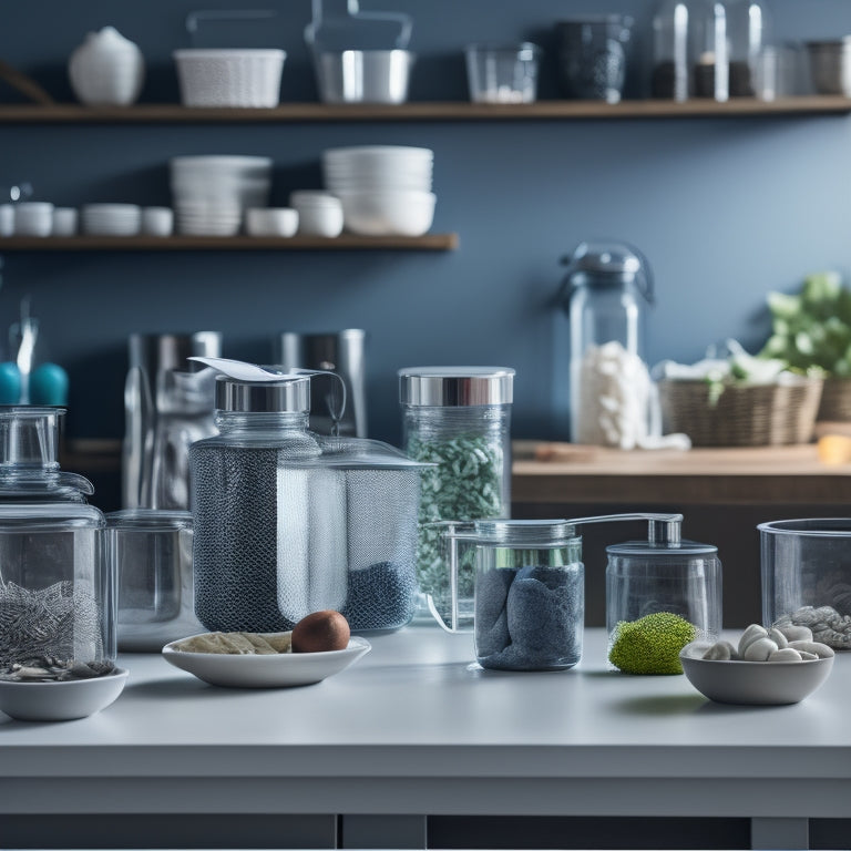 A tidy kitchen counter with an assortment of storage containers in various shapes, sizes, and materials, including glass, stainless steel, and ceramic, with lids and handles, arranged in a harmonious and inviting composition.