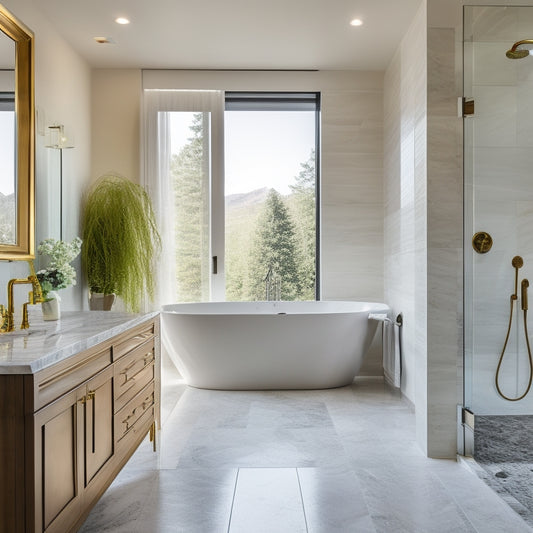 A serene, modern guest bathroom with a freestanding tub, surrounded by a luxurious, large-format marble tile floor, and accented with a floor-to-ceiling, linen-fold glass shower door.