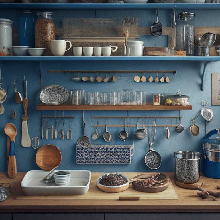 A cluttered kitchen countertop with various utensils scattered about, surrounded by a few drawers with utensil organizers installed, and a pegboard on the wall with hanging utensils.