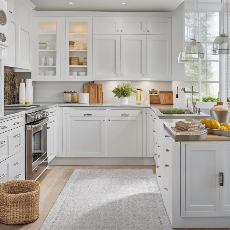 A bright, modern kitchen with sleek white cabinets, a large island, and a stainless steel countertop, featuring a pull-out spice rack, a utensil organizer, and a hidden trash can compartment.