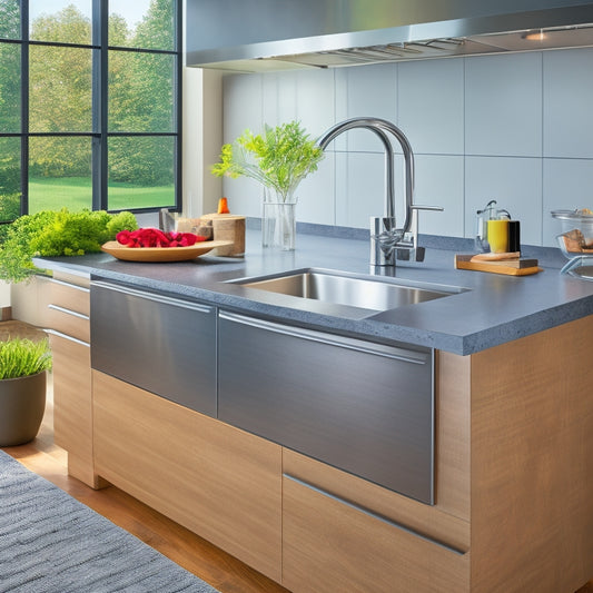 A modern kitchen with a large, rectangular, heavy-duty steel sink with a brushed finish, featuring a unique sound-dampening design, surrounded by sleek, high-gloss countertops and stainless steel appliances.