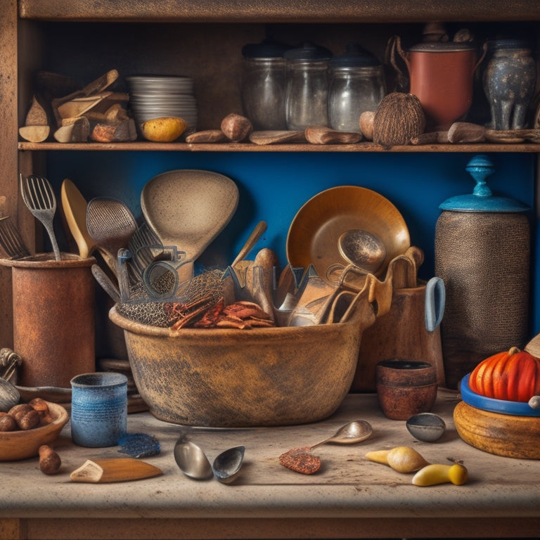 A cluttered kitchen utensil drawer with a jumbled mix of worn wooden spoons, rusty whisks, and dusty gadgets, with a few unexpected items like a rubber chicken or a miniature figurine peeking out from beneath.