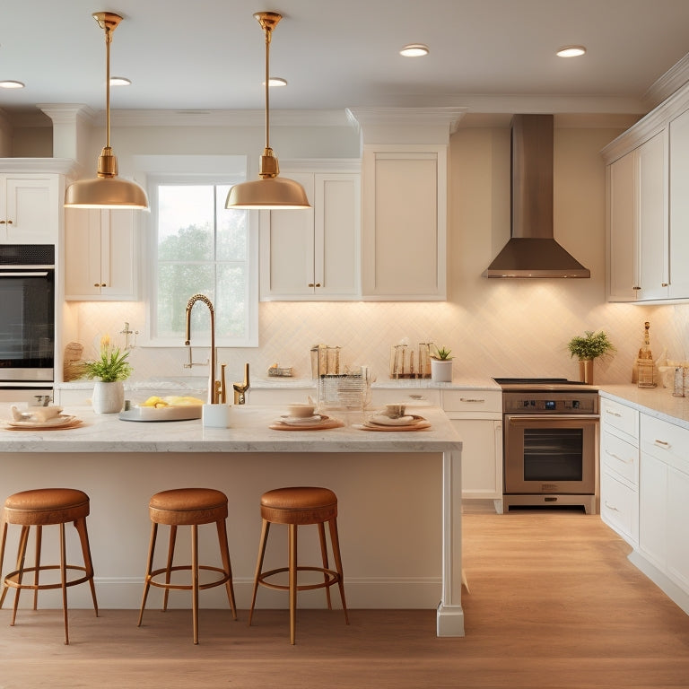 Generate an image of a sleek, modern kitchen with creamy white cabinets, dark hardwood floors, and a large quartz island with pendant lights shining down, surrounded by walls of warm beige tones.