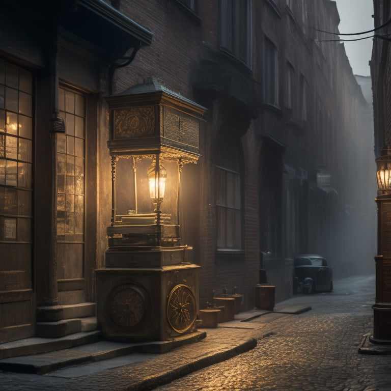 A dimly lit, ornate printing press stands in a misty, cobblestone alleyway, surrounded by old lanterns, worn brick buildings, and faded street signs, with a subtle, golden light emanating from within.