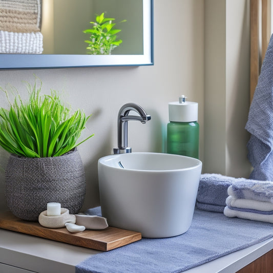 A beautifully organized sink area with a sleek, modern faucet, surrounded by a few stylish soap dispensers, a small potted plant, and a woven basket holding rolled towels and a few decorative pebbles.