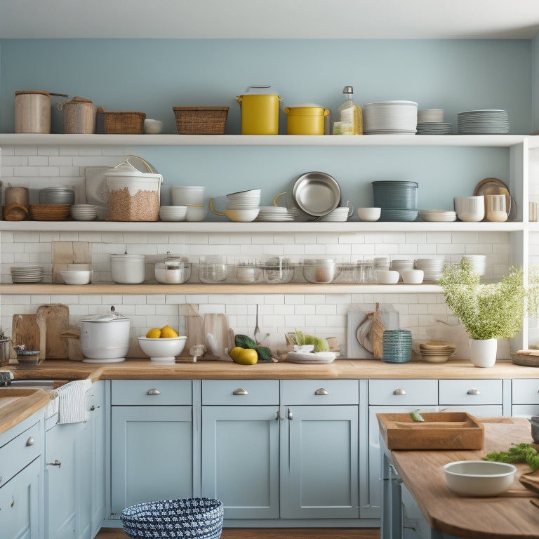 A bright, organized kitchen with open cabinets showcasing neatly stacked plates, utensils, and cookware, with a few empty shelves and a subtle hint of natural light filtering through.