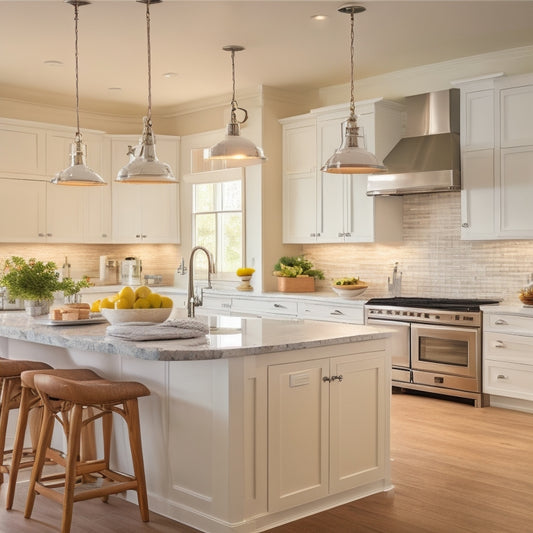 A modern kitchen with sleek, white cabinets, stainless steel appliances, and a large island in the center, featuring a farmhouse sink, pendant lighting, and a few strategically placed utensils and cookbooks.