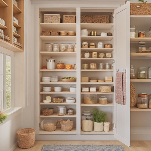 A bright, modern kitchen pantry with adjustable shelves in a warm wood tone, featuring a combination of open storage, baskets, and spice racks, illuminated by soft, natural light.