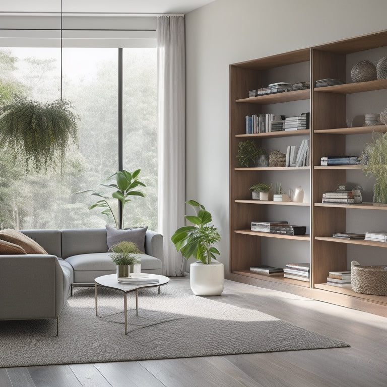 A minimalist, modern living room with a sleek Murphy bed, floor-to-ceiling shelves, and a hidden desk behind a sliding bookcase, surrounded by plenty of natural light and plants.