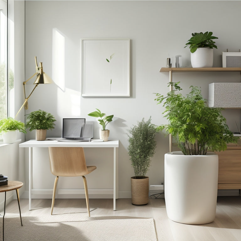 A serene, minimalist room with creamy white walls, light wood accents, and a few carefully placed potted plants, featuring a sleek, modern desk with a tidy workspace and a few thoughtfully arranged Birchtree storage bins.