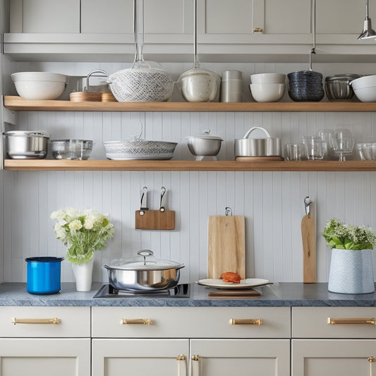 A clutter-free kitchen counter with multiple cookware organizers, including a hanging pot rack, a utensil holder, and a stackable cookware stand, all in a modern kitchen with sleek cabinets and marble countertops.