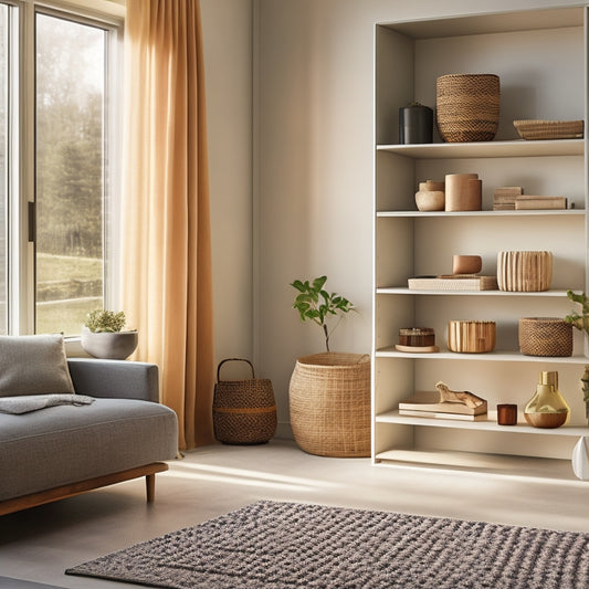 A minimalist, modern living room with a sleek, wall-mounted shelving unit, a woven storage basket, and a geometric-patterned area rug, illuminated by natural light pouring through a large window.