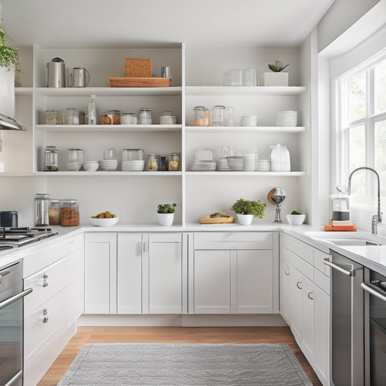 A modern kitchen with sleek white cabinets, stainless steel appliances, and hardwood floors, featuring a wall-mounted vertical shelving system with glass jars, cookbooks, and kitchen utensils arranged neatly.