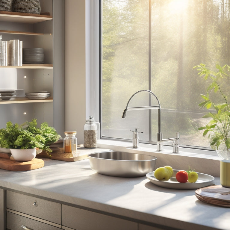 A serene kitchen scene with morning sunlight streaming through a large window, illuminating sleek, minimal countertops, a stainless steel sink, and a few, carefully placed, high-quality cookbooks on a floating shelf.