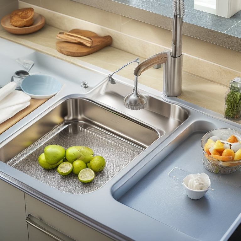 A modern kitchen sink with a sleek, stainless steel organizer system installed, featuring multiple compartments, a utensil holder, and a built-in soap dispenser, surrounded by clean dishes and utensils.