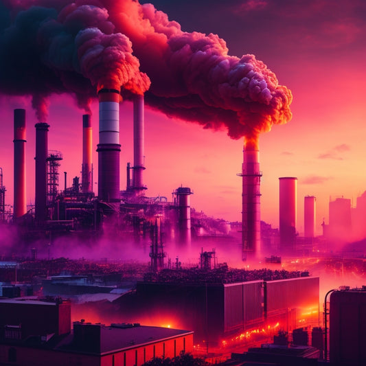 An abstract illustration featuring a cityscape with smokestacks, vehicles, and industrial equipment emitting vibrant, swirling clouds of toxic gases in shades of orange, red, and purple.