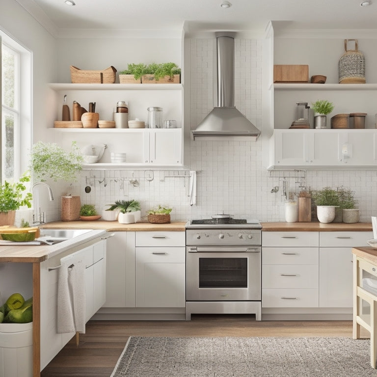 A bright, modern kitchen with sleek white cabinets, warm wooden countertops, and a large, stainless steel island in the center, showcasing a perfectly organized utensil drawer and a pegboard with hanging pots.