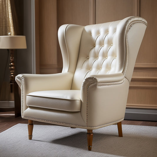 A luxurious, cream-colored lift chair with rolled arms and a tufted back, set against a warm, dark wood background, surrounded by subtle golden accents and soft, ambient lighting.