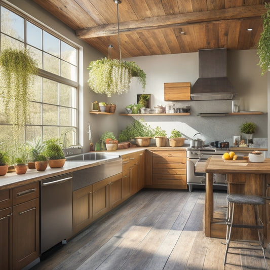 An image of a modern kitchen with reclaimed wood cabinets, sleek energy-efficient appliances, and a living green wall, illuminated by natural light pouring through a large skylight above.