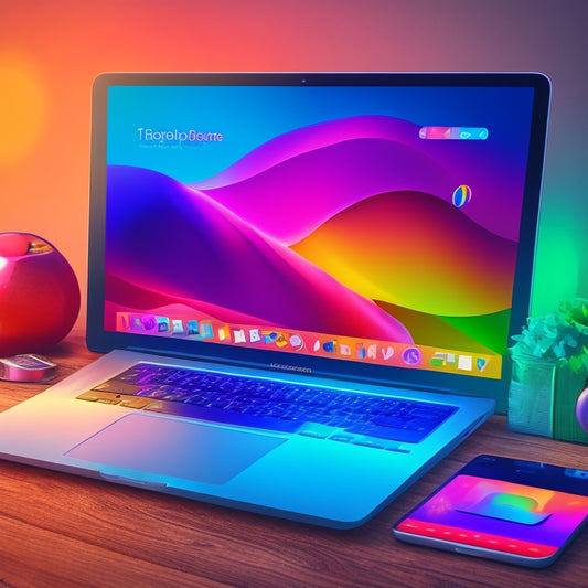 A stylized, modern illustration of a MacBook laptop with a glowing App Store icon on the screen, surrounded by colorful, floating app icons in various shapes and sizes.