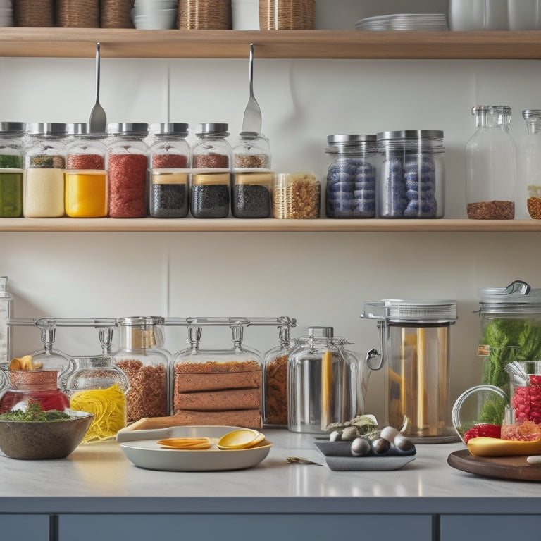 An organized kitchen with a utensil organizer on the wall, a spiralizer on the counter, and a set of labeled jars, surrounded by a blurred background of a busy kitchen in motion.