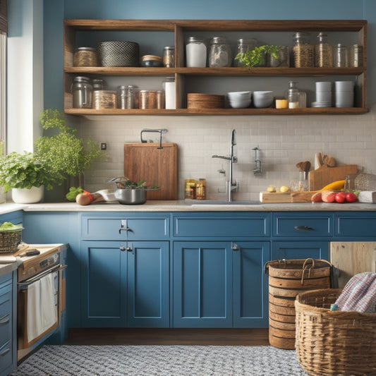 A tidy kitchen with a clutter-free countertop featuring a repurposed wooden crate turned utensil holder, a spice rack built into a kitchen island, and a slide-out trash can hidden behind a cabinet door.