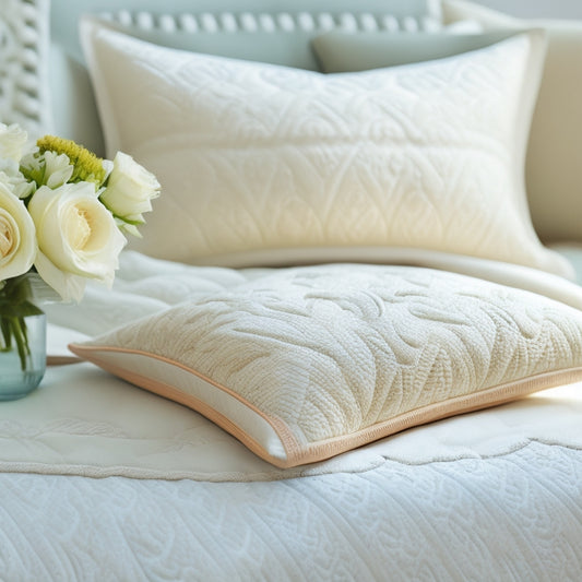 A serene, dreamy image featuring a beautifully quilted Newport pattern by Minick & Simpson, with soft, calming colors, gentle fabrics, and intricate stitching on a crisp white background.