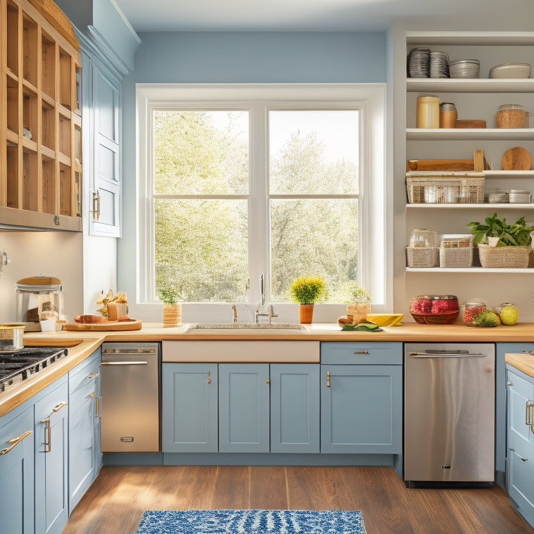 A bright, modern kitchen with a corner cabinet featuring a carousel system, adjustable shelves, and baskets, showcasing organized cookware, utensils, and food storage, with natural light pouring in from a nearby window.