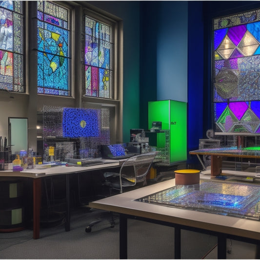 A vibrant, modern stained glass studio with sleek workstations, glowing LED light tables, and a 3D glass printer in the center, surrounded by colorful glass sheets and innovative tools.
