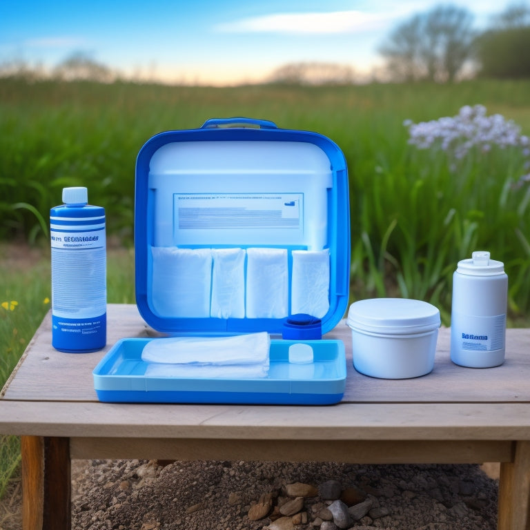 A compact, organized emergency sanitation kit with a portable toilet, biodegradable bags, hand sanitizer, toilet paper, and a water container, set against a calm, natural outdoor background.