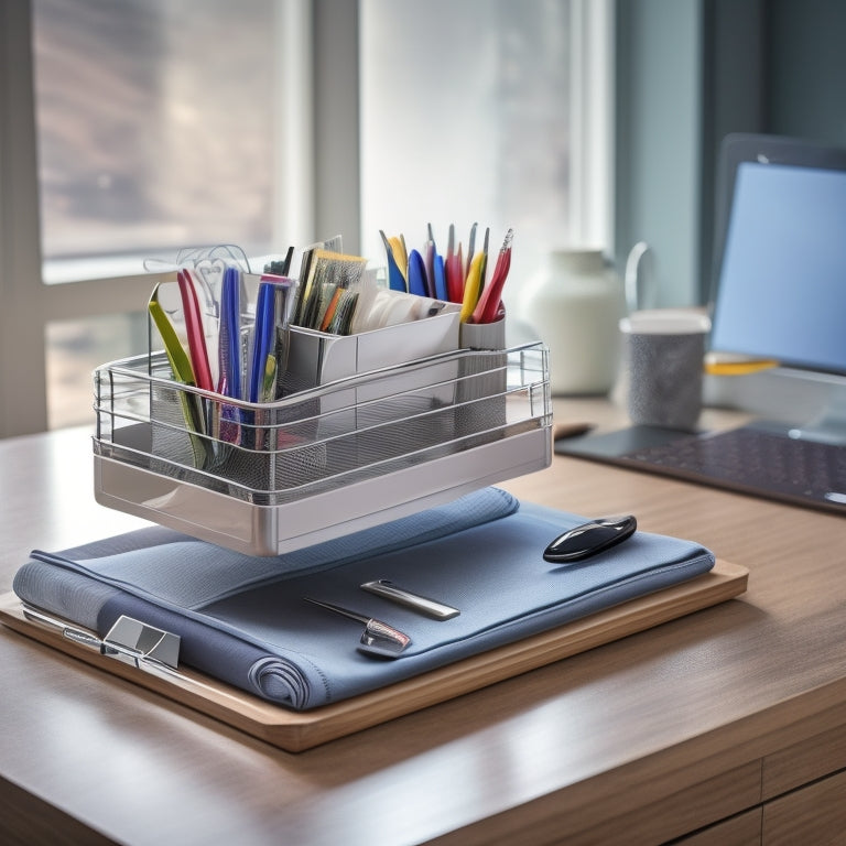 A modern, sleek, U-shaped desk organizer with five compartments in a polished silver finish, sitting on a clutter-free, wooden workspace, surrounded by a few neatly organized office supplies.