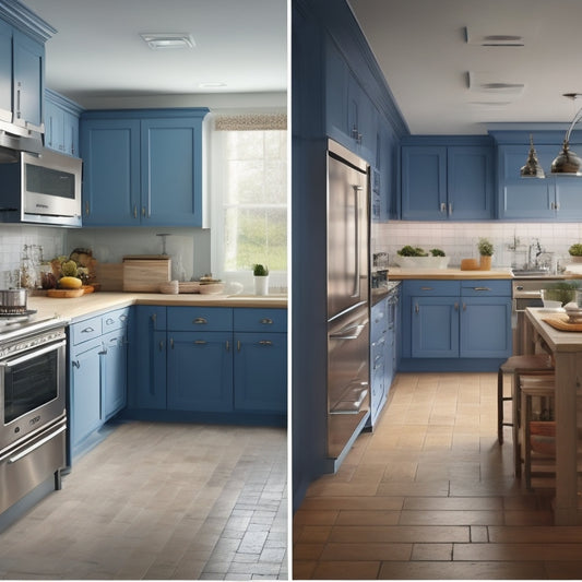 A split-screen image showing two identical galley kitchens with different layouts: one with a linear layout featuring a continuous countertop and the other with an L-shaped layout with a separate cooking station.