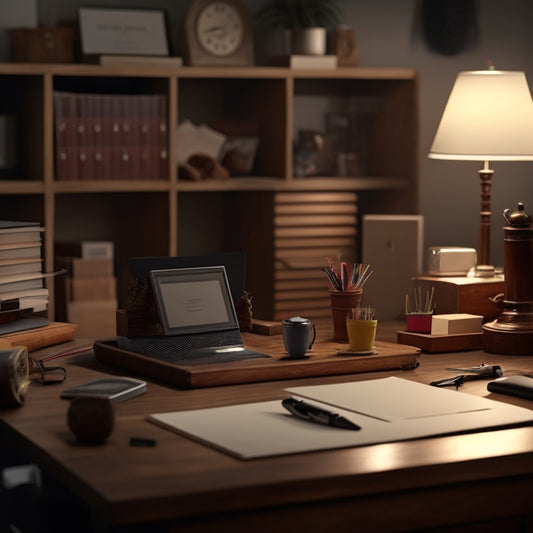 A tidy, well-lit workspace with a wooden desk, a labeled file organizer, color-coded folders, and a few neatly arranged office supplies, surrounded by a calm, muted background.